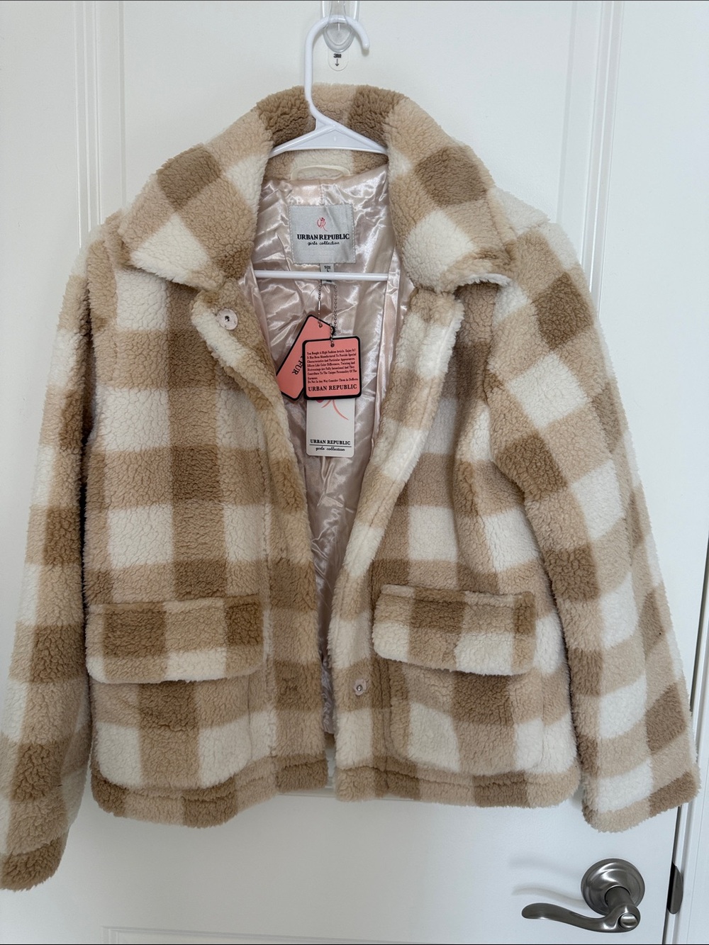 Urban Republic Beige and Cream Plaid Sherpa Jacket